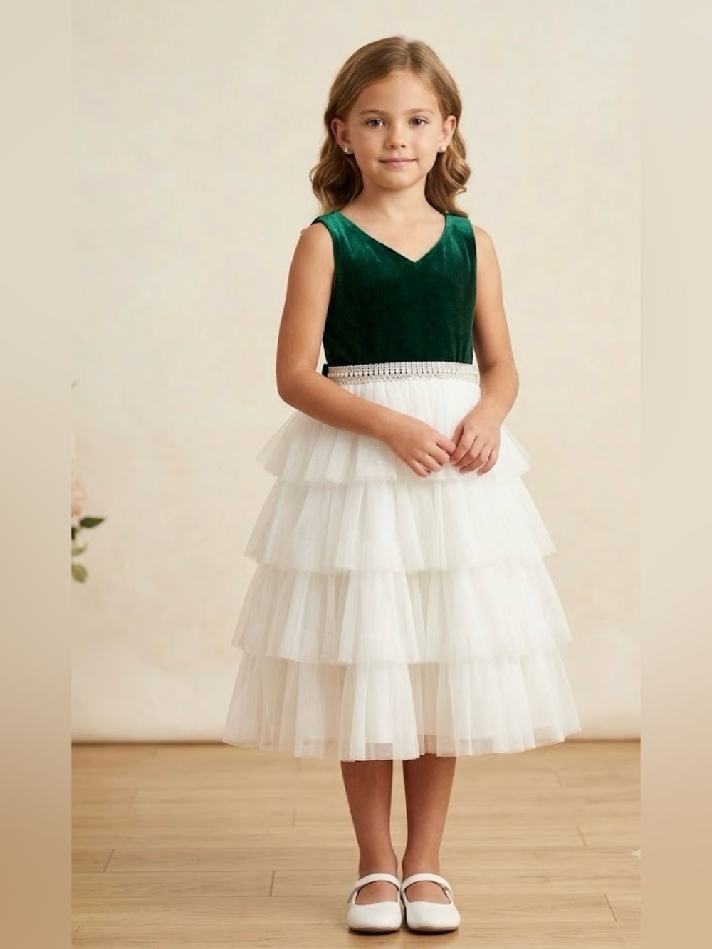 American Princess Emerald Green Velvet & White Sparkle Tulle Dress Size 7